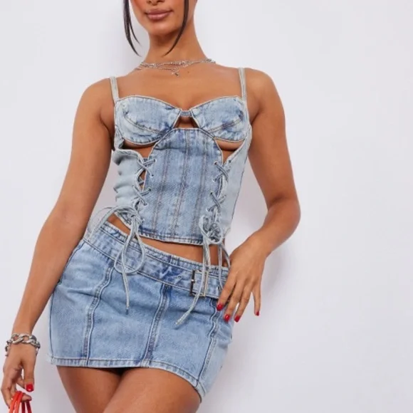 PLT Petite Light Blue Wash Denim Lace Up/ Denim Buckle Detail Mini Skirt